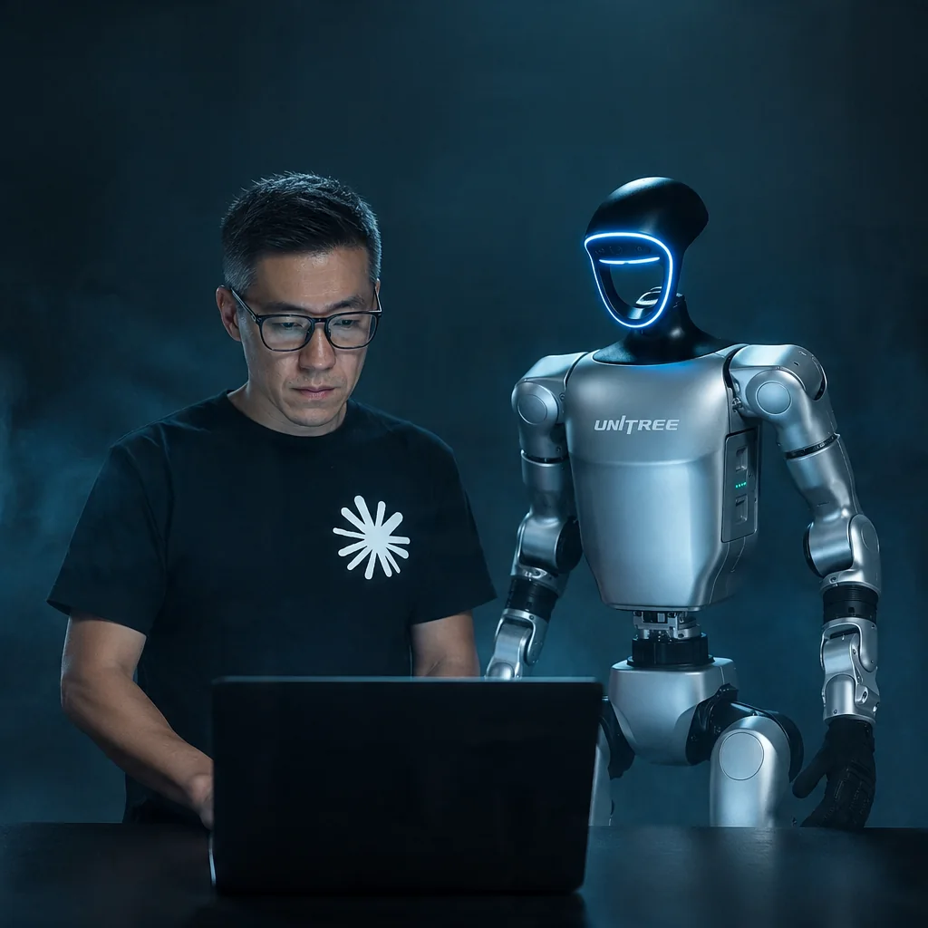 A designer at a laptop with a humanoid robot beside him, both looking at the same screen